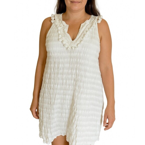 vineyard vines Dresses & Skirts - Vineyard Vines Smocked Sleeveless Lined Cotton Dress V-neck Pom-Pom Trim Size S